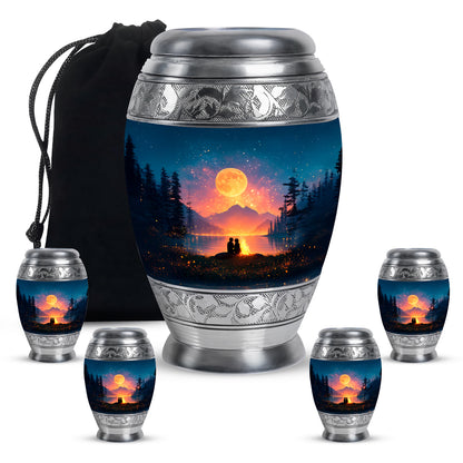 Bright Blue Campfire Cremation Urn detail view - majestic campfire pattern with filigree border - memorial set with one large and four small urns