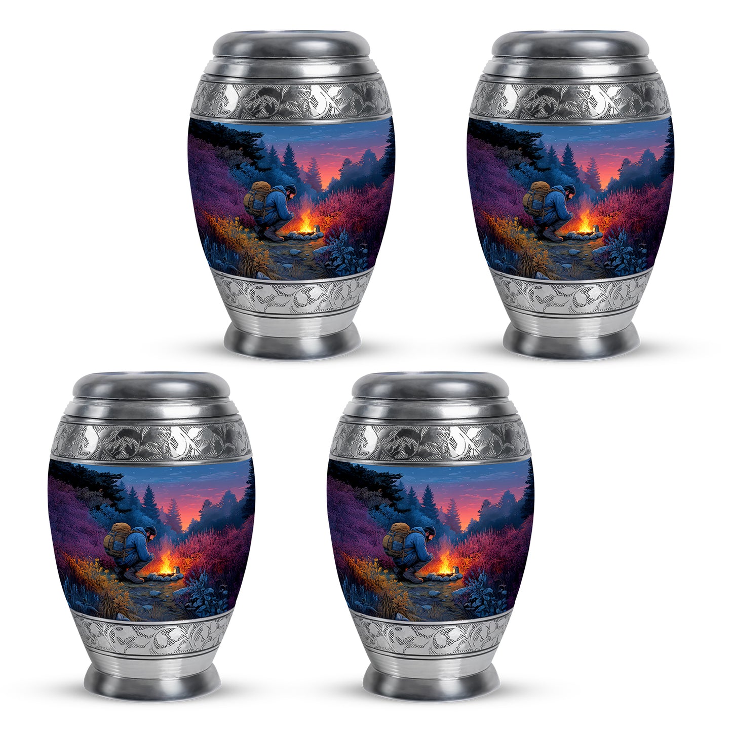 Azure Campfire Cremation Urn urn with complimentary velvet bag - regal campfire design with crown-inspired accents - 10 inch aluminum urn for cremated remains