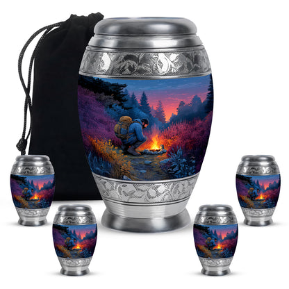 Sky Blue Campfire Cremation Urn detail view - ornate monarch-style campfire relief on brushed aluminum - memorial set with one large and four small urns