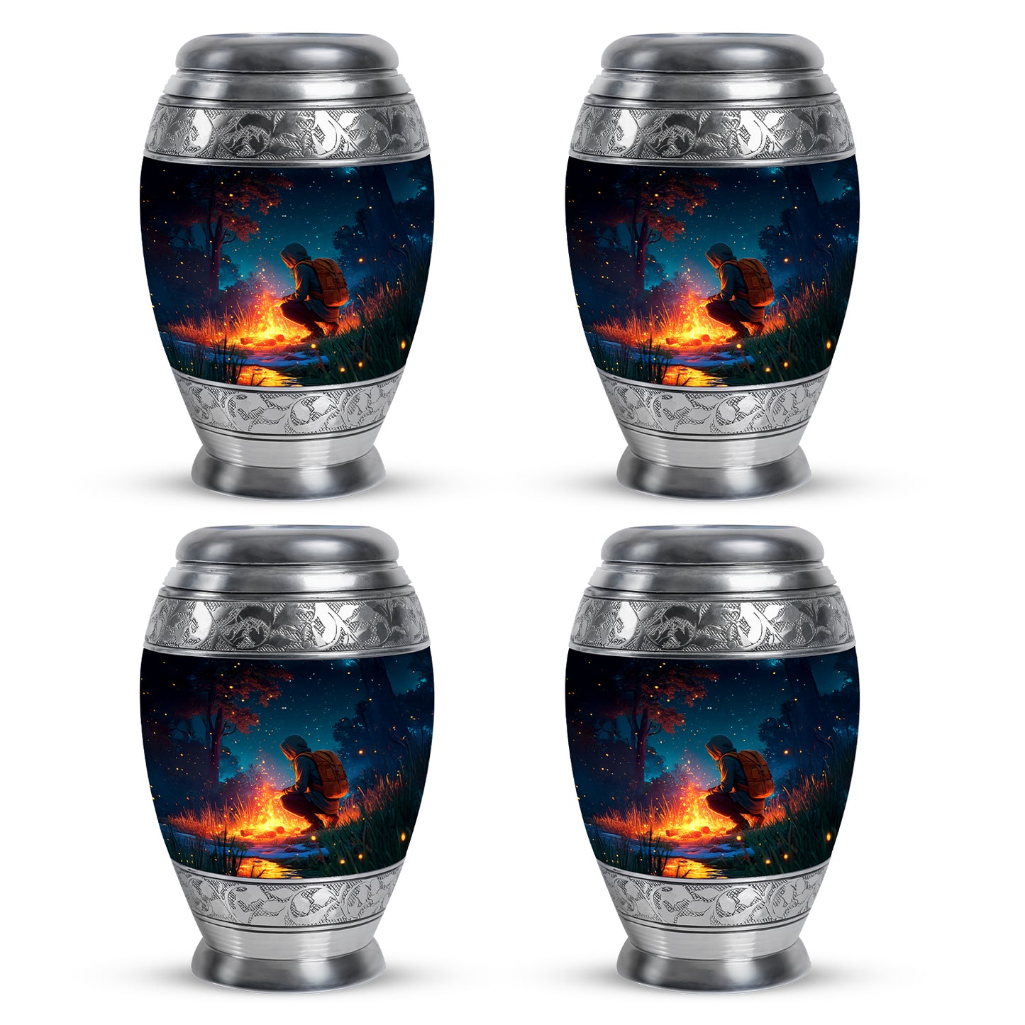 Pastel Blue Campfire Cremation Urn urn with complimentary velvet bag - ornate monarch-style campfire relief on brushed aluminum - 10 inch aluminum urn for cremated remains