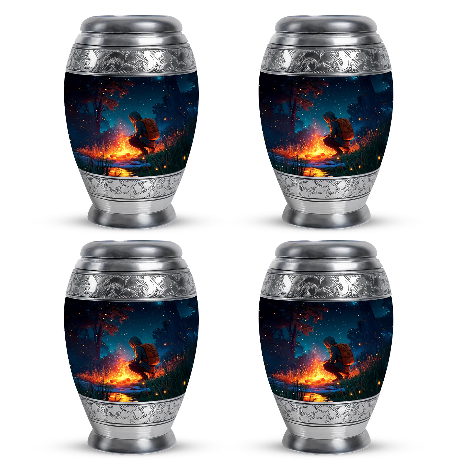 Pastel Blue Campfire Cremation Urn urn with complimentary velvet bag - ornate monarch-style campfire relief on brushed aluminum - 10 inch aluminum urn for cremated remains