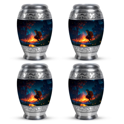 Pastel Blue Campfire Cremation Urn urn with complimentary velvet bag - ornate monarch-style campfire relief on brushed aluminum - 10 inch aluminum urn for cremated remains