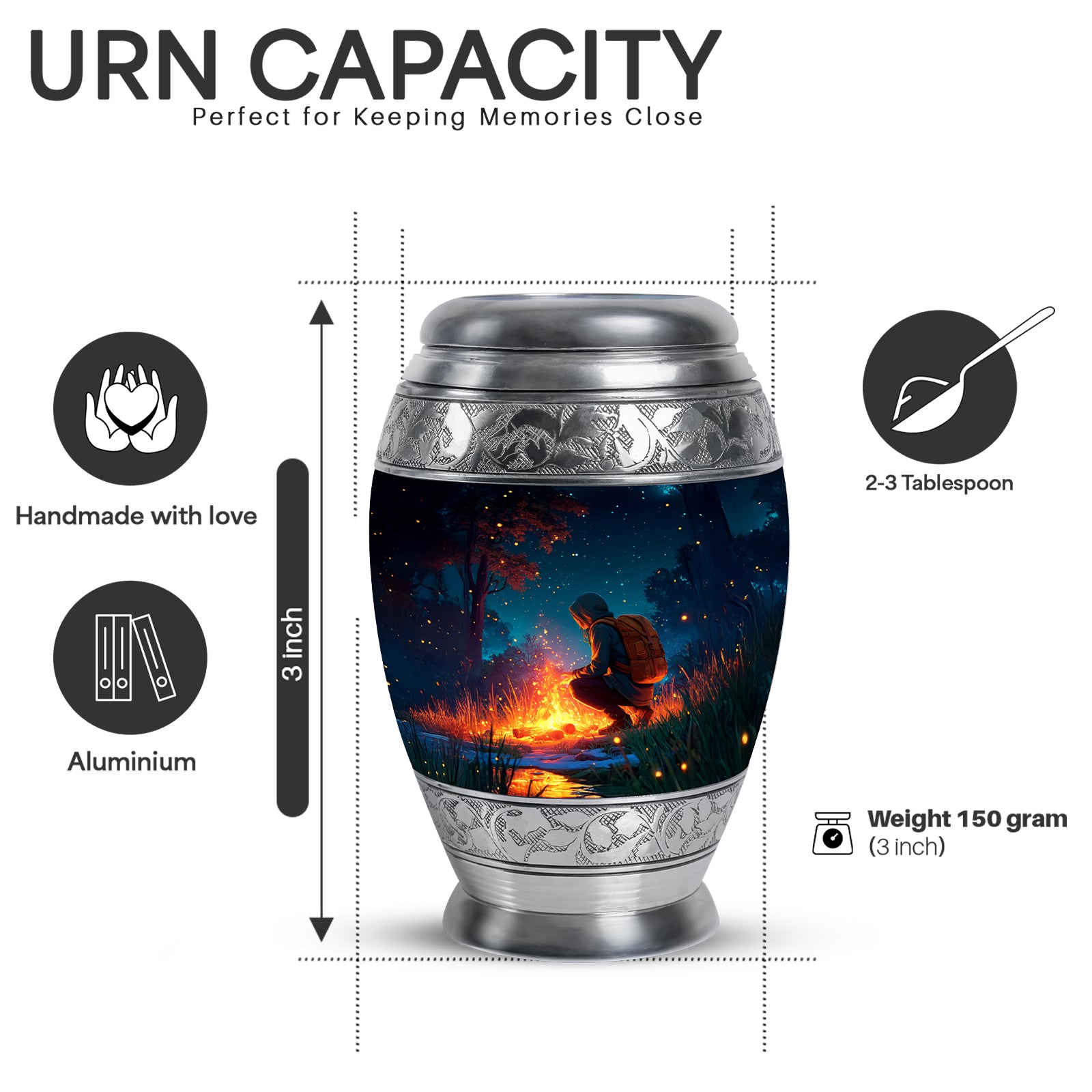 Celestial Blue Campfire Cremation Urn lifestyle display on memorial shelf - ornate monarch-style campfire relief on brushed aluminum - mini keepsake memorial for portion of cremation ashes
