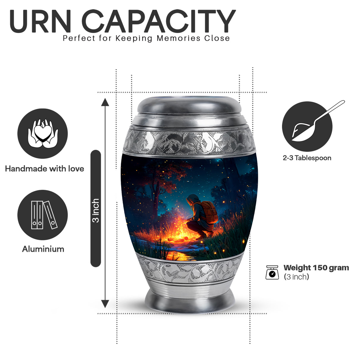 Celestial Blue Campfire Cremation Urn lifestyle display on memorial shelf - ornate monarch-style campfire relief on brushed aluminum - mini keepsake memorial for portion of cremation ashes