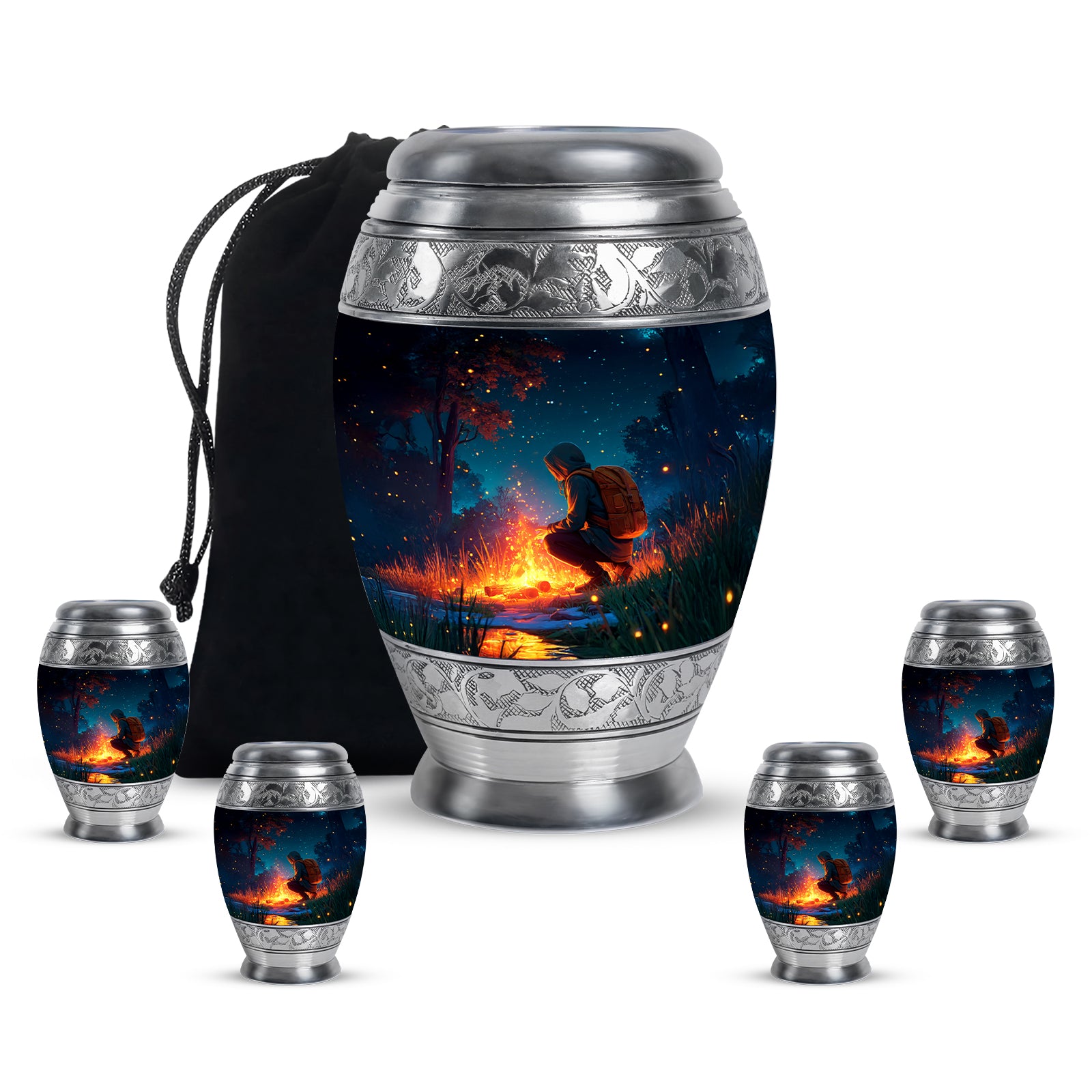 Sky Blue Campfire Cremation Urn detail view - ornate monarch-style campfire relief on brushed aluminum - memorial set with one large and four small urns