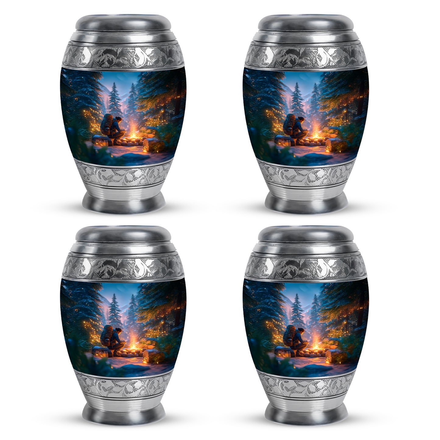 Soft Blue Campfire Cremation Urn urn with complimentary velvet bag - majestic campfire pattern with filigree border - 10 inch aluminum urn for cremated remains