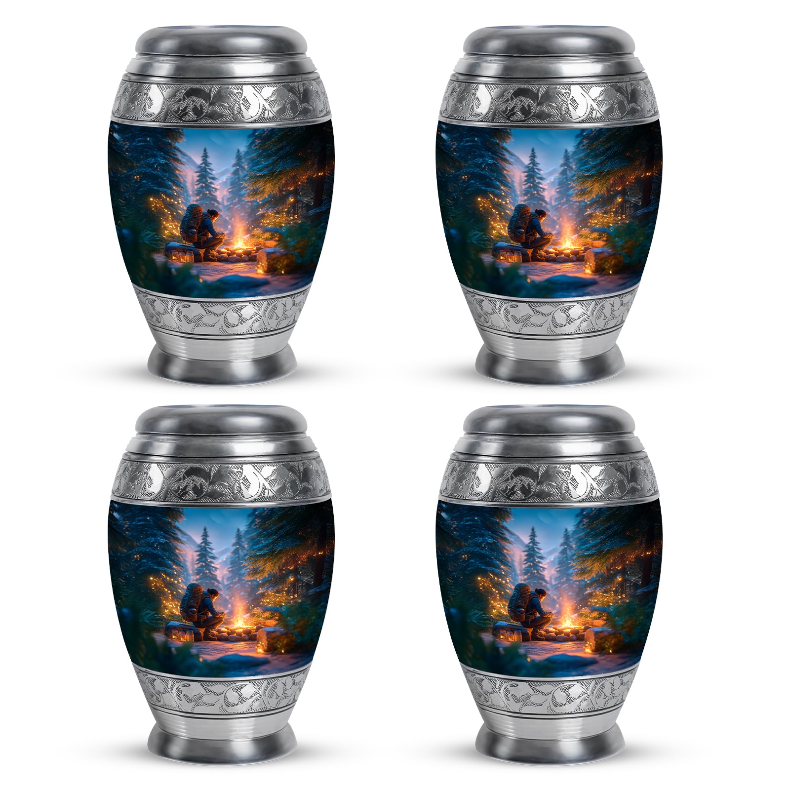 Soft Blue Campfire Cremation Urn urn with complimentary velvet bag - majestic campfire pattern with filigree border - 10 inch aluminum urn for cremated remains