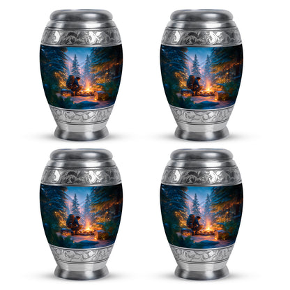 Soft Blue Campfire Cremation Urn urn with complimentary velvet bag - majestic campfire pattern with filigree border - 10 inch aluminum urn for cremated remains
