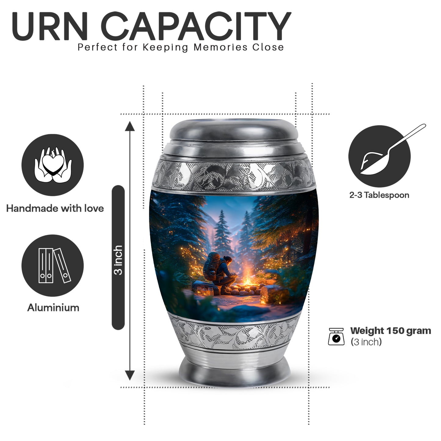 Dusty Blue Campfire Cremation Urn lifestyle display on memorial shelf - regal campfire design with crown-inspired accents - mini keepsake memorial for portion of cremation ashes