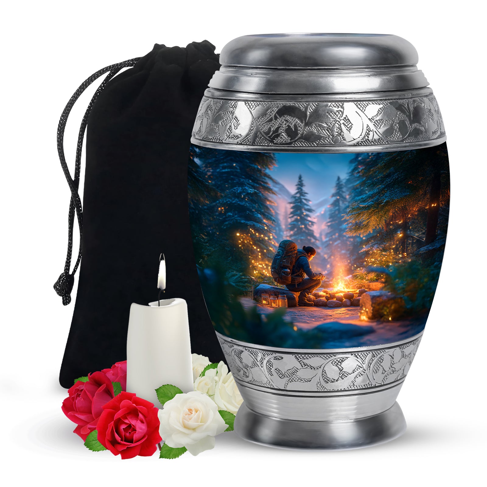 Slate Blue Campfire Cremation Urn back view with polished surface - ornate monarch-style campfire relief on brushed aluminum - full-size 10 inch 200 cubic inch adult cremation urn
