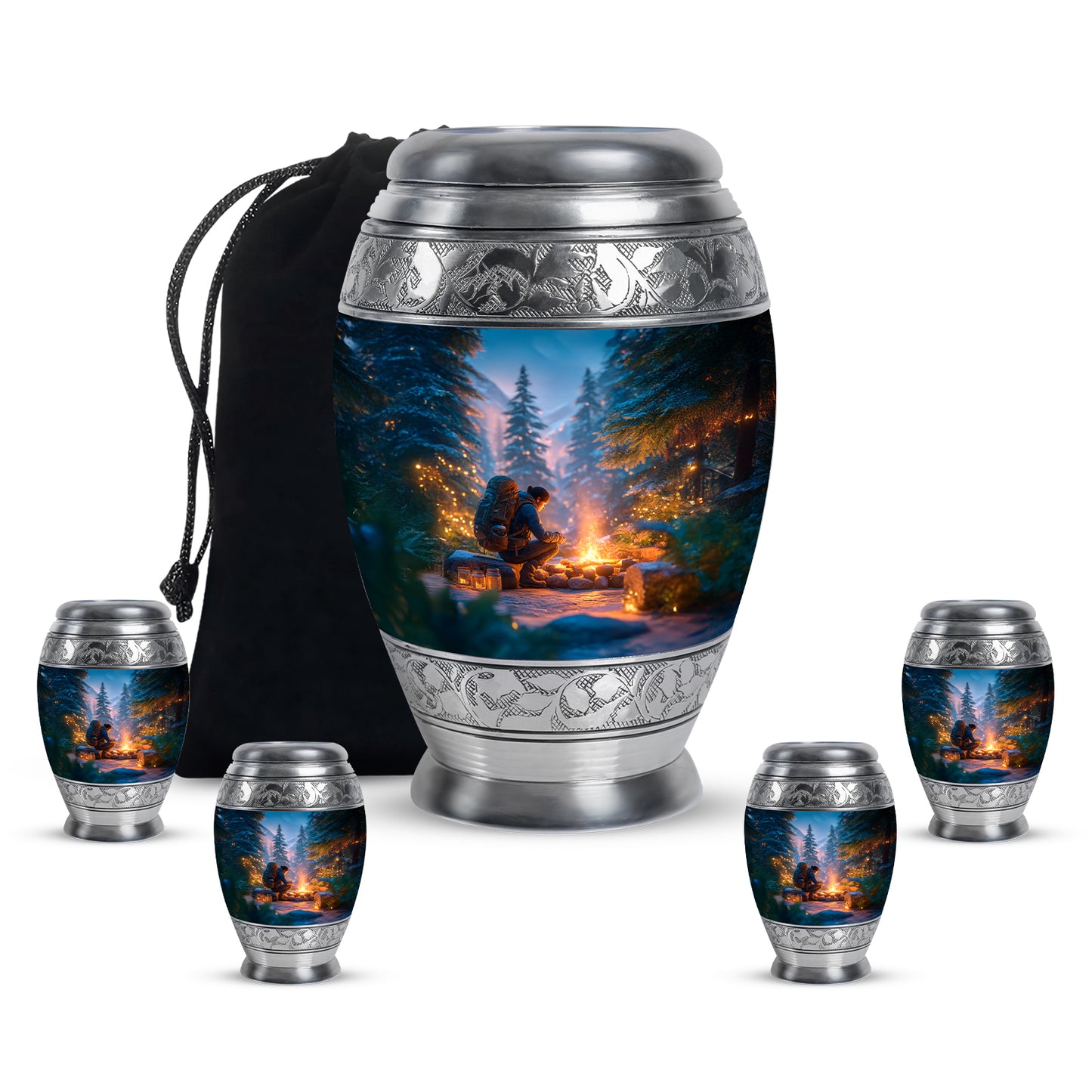 Cornflower Blue Campfire Cremation Urn detail view - royal campfire engraving with decorative scrollwork - memorial set with one large and four small urns