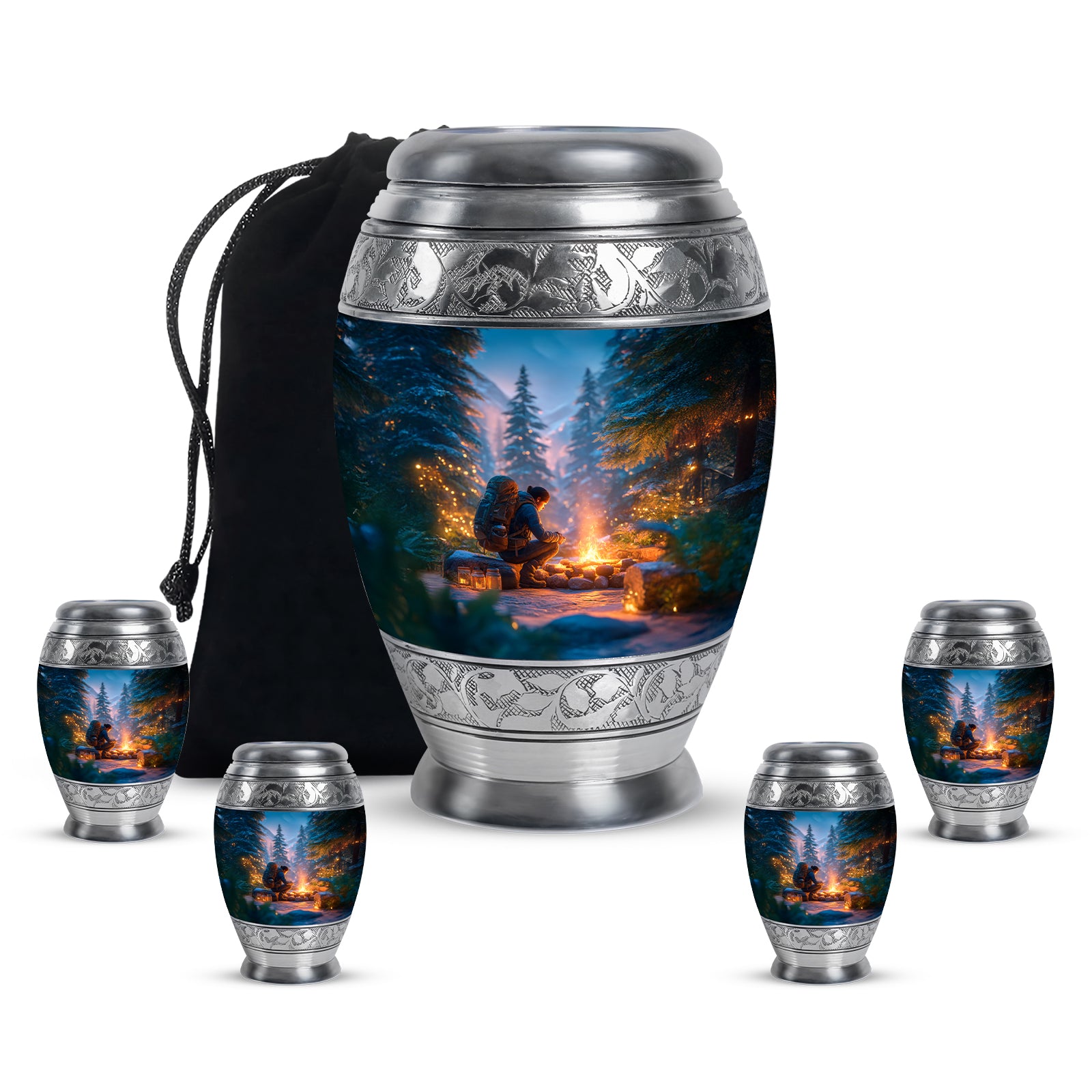 Cornflower Blue Campfire Cremation Urn detail view - royal campfire engraving with decorative scrollwork - memorial set with one large and four small urns