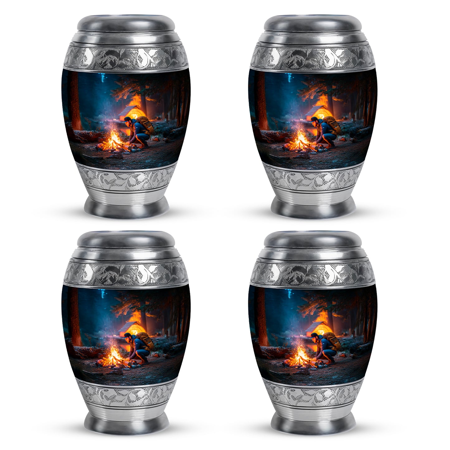 Calming Blue Campfire Cremation Urn urn with complimentary velvet bag - majestic campfire pattern with filigree border - 10 inch aluminum urn for cremated remains