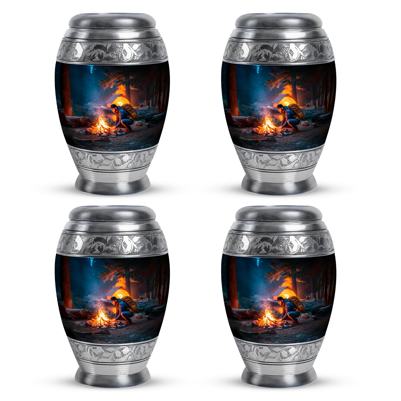 Calming Blue Campfire Cremation Urn urn with complimentary velvet bag - majestic campfire pattern with filigree border - 10 inch aluminum urn for cremated remains