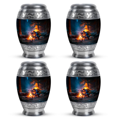 Calming Blue Campfire Cremation Urn urn with complimentary velvet bag - majestic campfire pattern with filigree border - 10 inch aluminum urn for cremated remains