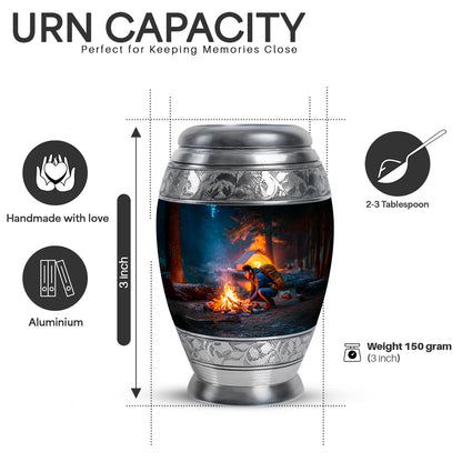 Slate Blue Campfire Cremation Urn lifestyle display on memorial shelf - regal campfire design with crown-inspired accents - mini keepsake memorial for portion of cremation ashes