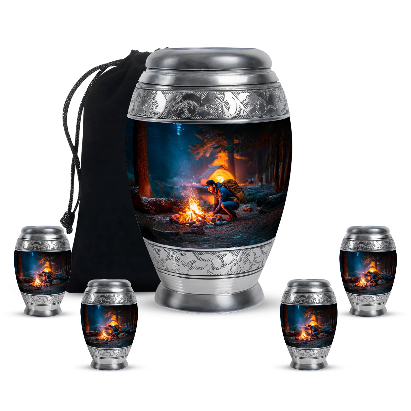 Misty Blue Campfire Cremation Urn detail view - regal campfire design with crown-inspired accents - memorial set with one large and four small urns