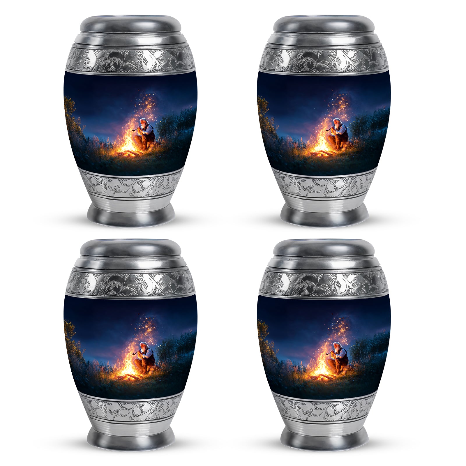 Sapphire Blue Campfire Cremation Urn urn with complimentary velvet bag - royal campfire engraving with decorative scrollwork - 10 inch aluminum urn for cremated remains