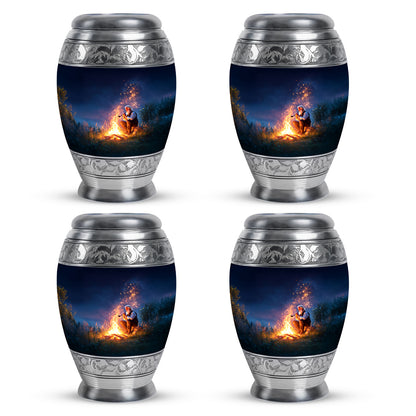 Sapphire Blue Campfire Cremation Urn urn with complimentary velvet bag - royal campfire engraving with decorative scrollwork - 10 inch aluminum urn for cremated remains