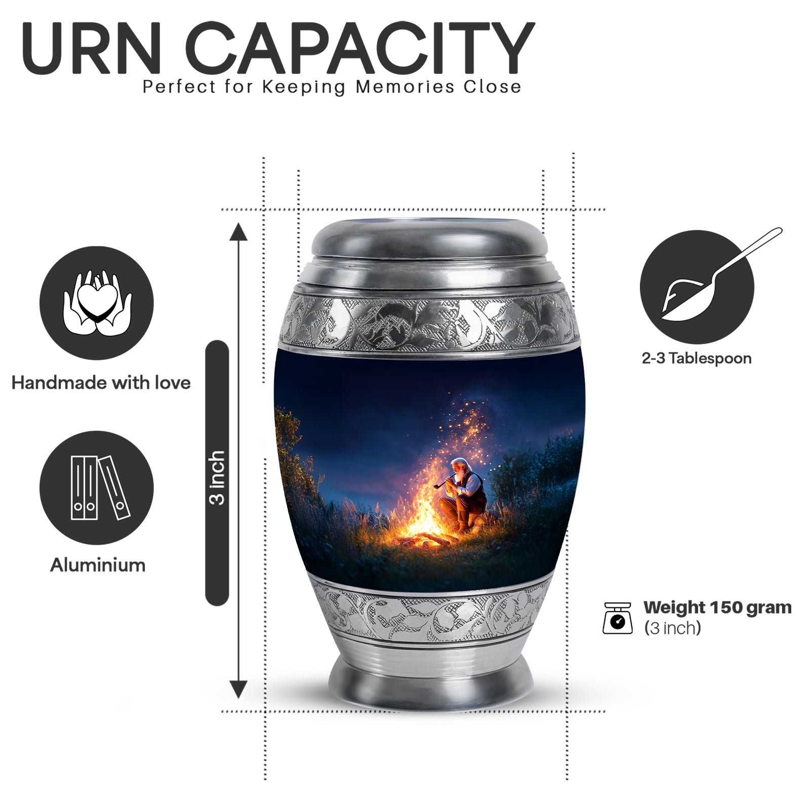 Sapphire Blue Campfire Cremation Urn lifestyle display on memorial shelf - royal campfire engraving with decorative scrollwork - mini keepsake memorial for portion of cremation ashes
