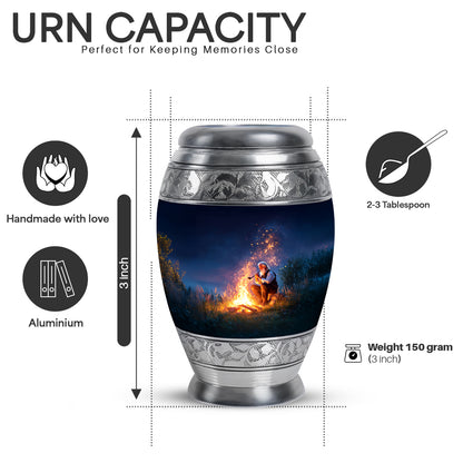 Sapphire Blue Campfire Cremation Urn lifestyle display on memorial shelf - royal campfire engraving with decorative scrollwork - mini keepsake memorial for portion of cremation ashes