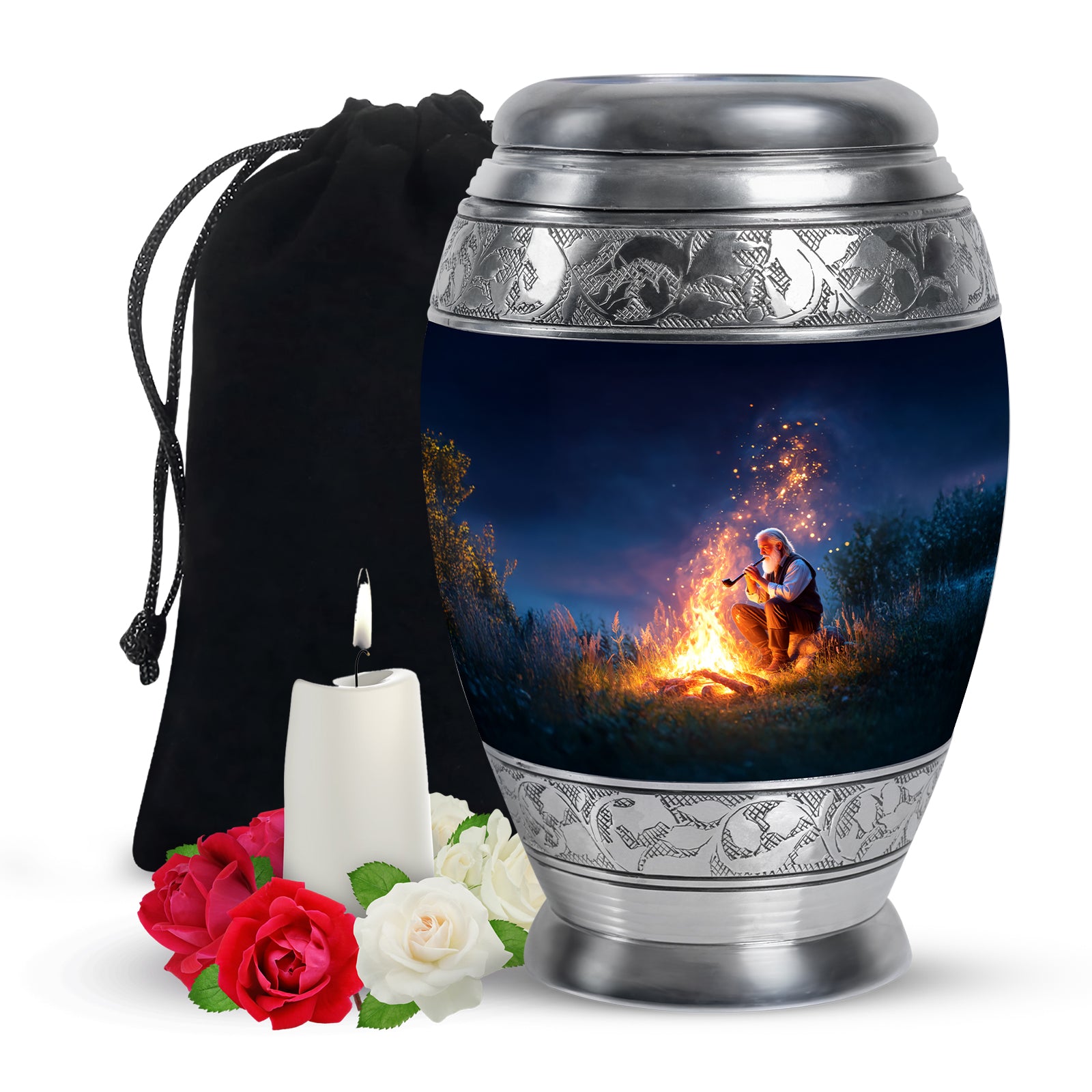 Azure Campfire Cremation Urn back view with polished surface - regal campfire design with crown-inspired accents - full-size 10 inch 200 cubic inch adult cremation urn