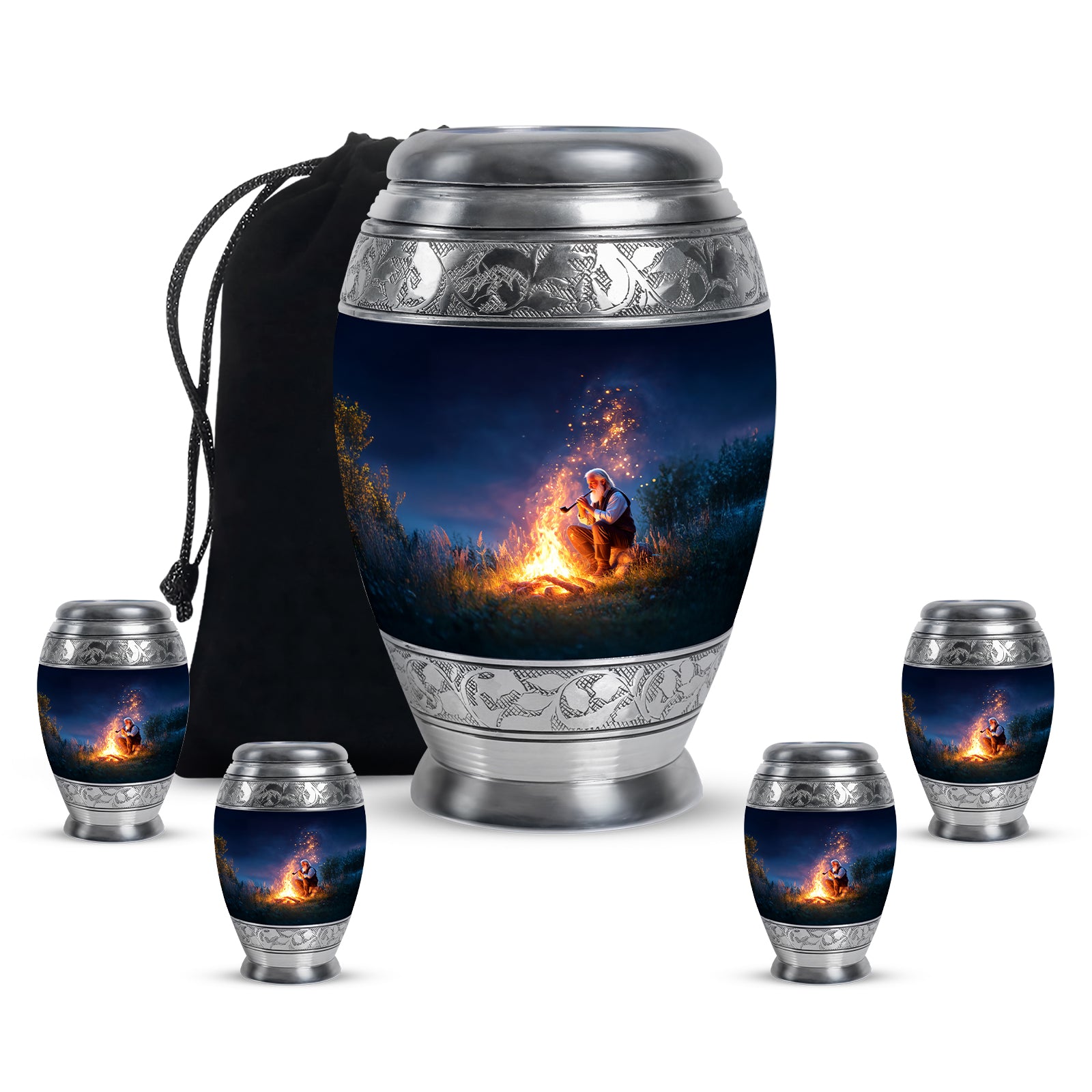 Steel Blue Campfire Cremation Urn detail view - royal campfire engraving with decorative scrollwork - memorial set with one large and four small urns