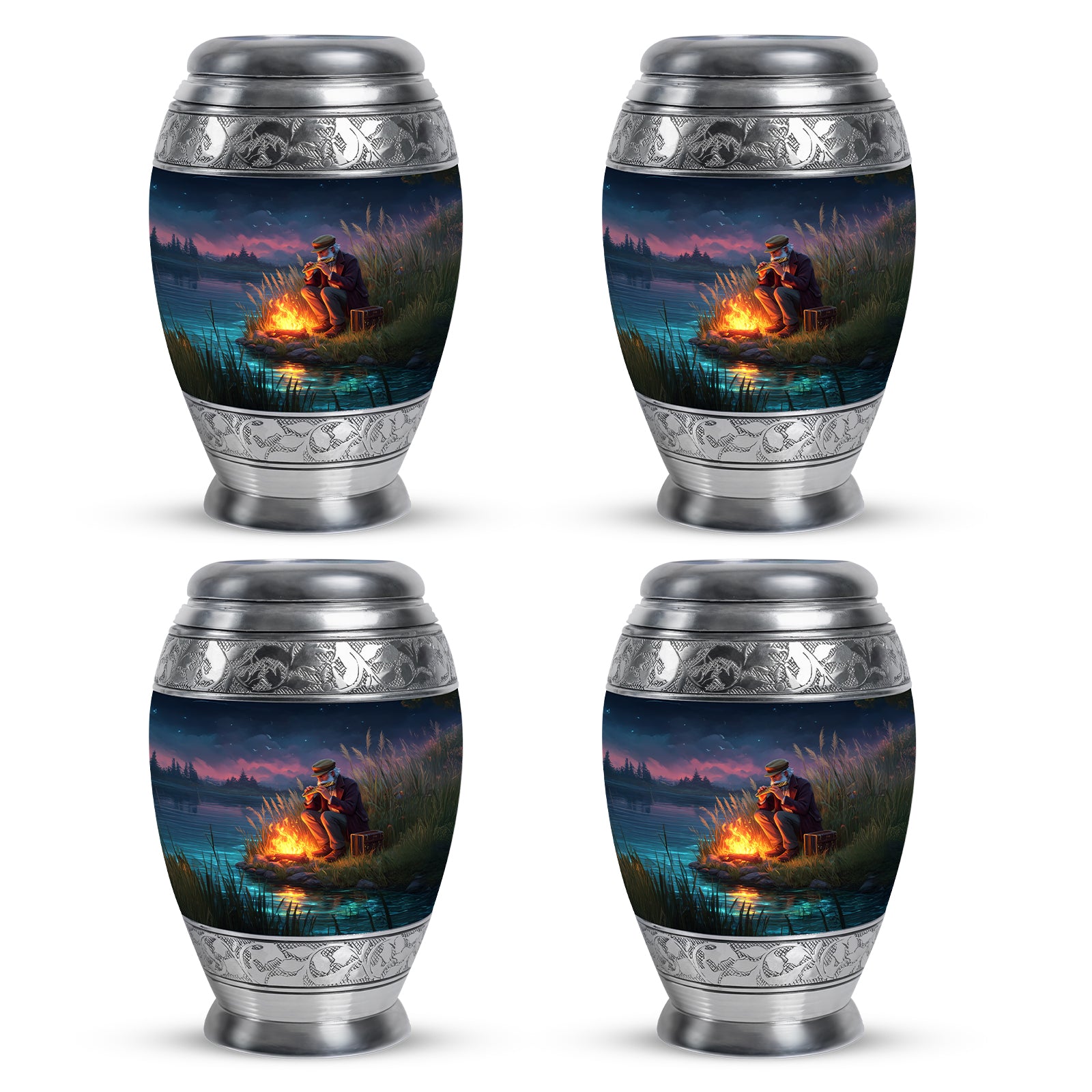 Navy Blue Campfire Cremation Urn urn with complimentary velvet bag - regal campfire design with crown-inspired accents - 10 inch aluminum urn for cremated remains