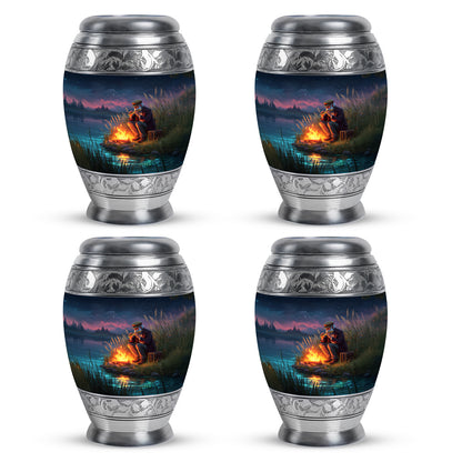 Navy Blue Campfire Cremation Urn urn with complimentary velvet bag - regal campfire design with crown-inspired accents - 10 inch aluminum urn for cremated remains