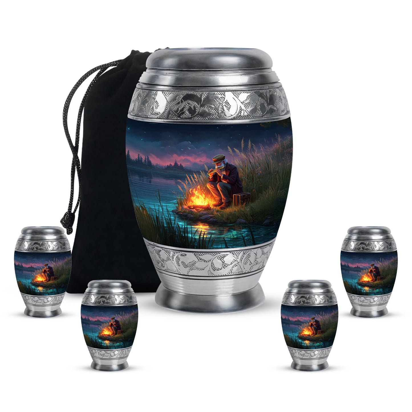 Azure Campfire Cremation Urn detail view - regal campfire design with crown-inspired accents - memorial set with one large and four small urns