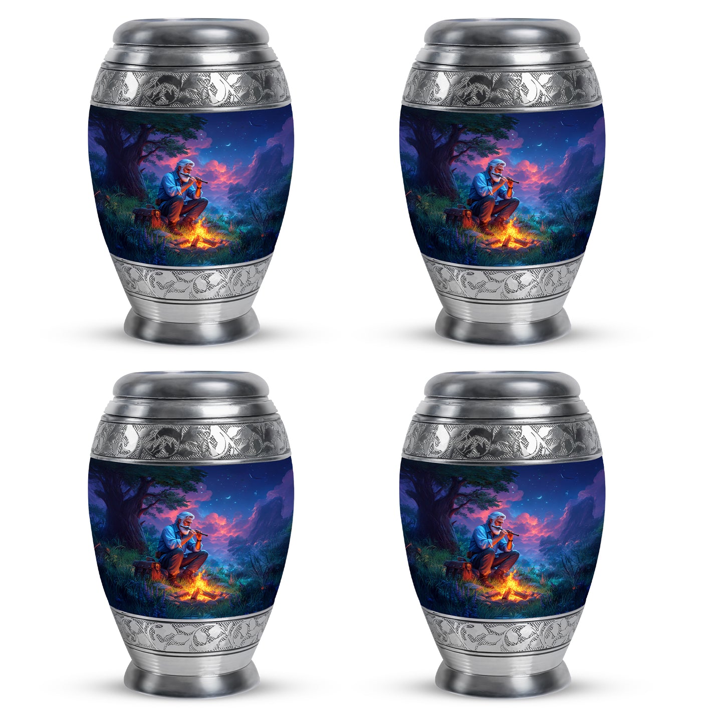 Azure Campfire Cremation Urn urn with complimentary velvet bag - regal campfire design with crown-inspired accents - 10 inch aluminum urn for cremated remains