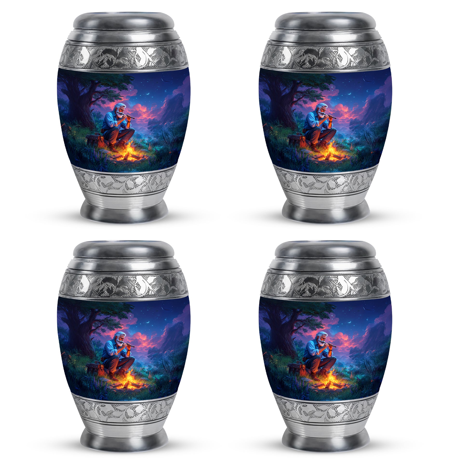 Azure Campfire Cremation Urn urn with complimentary velvet bag - regal campfire design with crown-inspired accents - 10 inch aluminum urn for cremated remains