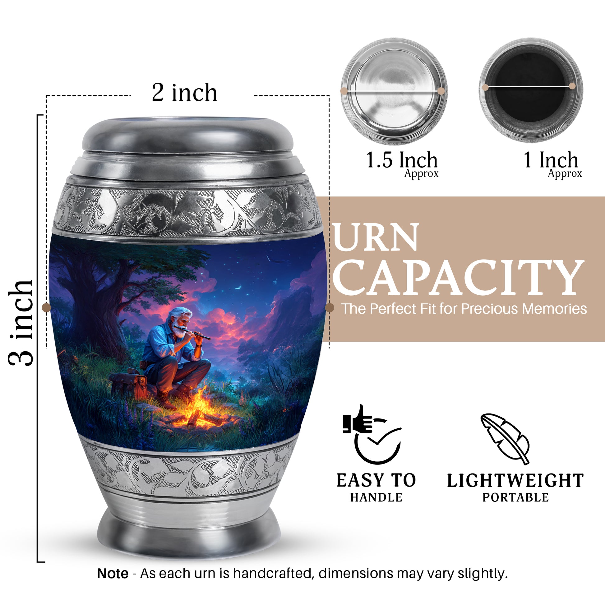 Azure Campfire Cremation Urn lifestyle display on memorial shelf - regal campfire design with crown-inspired accents - mini keepsake memorial for portion of cremation ashes