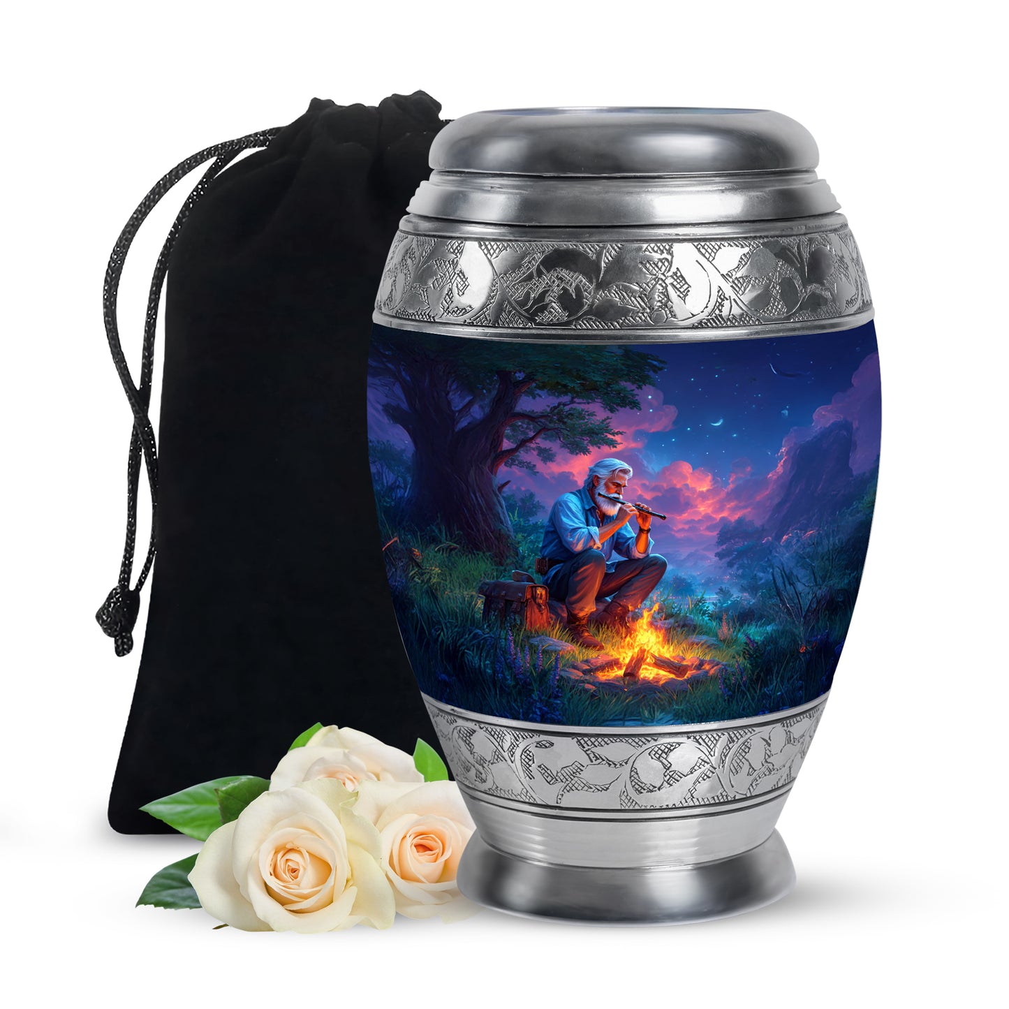 Celestial Blue Campfire Cremation Urn back view with polished surface - ornate monarch-style campfire relief on brushed aluminum - full-size 10 inch 200 cubic inch adult cremation urn