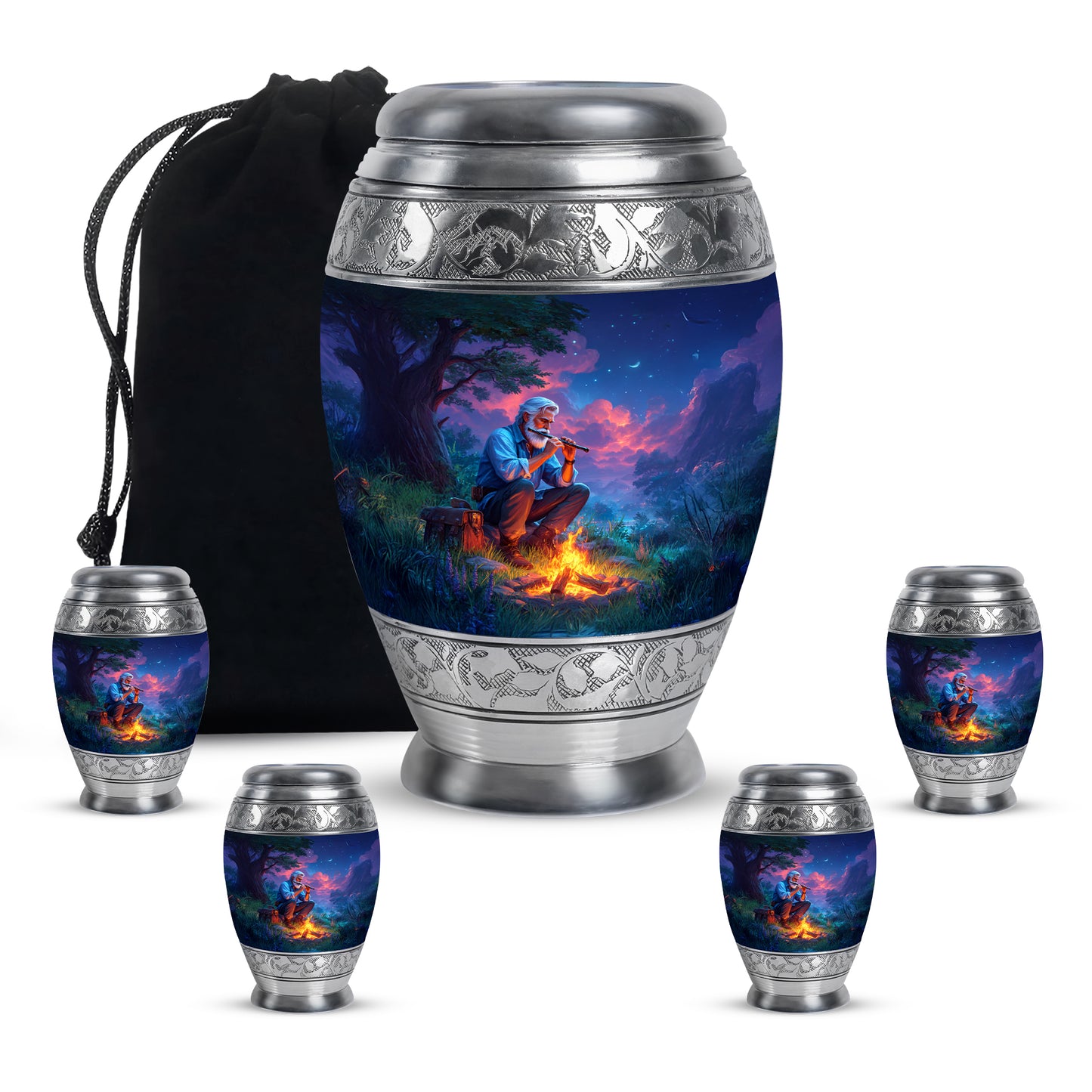 Twilight Blue Campfire Cremation Urn detail view - majestic campfire pattern with filigree border - memorial set with one large and four small urns
