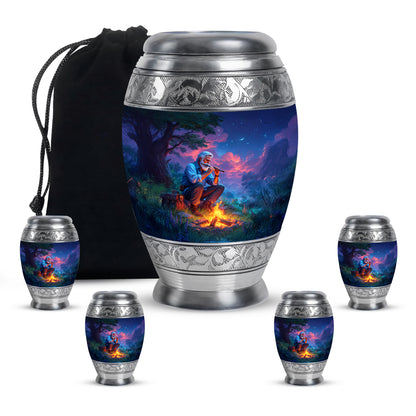 Twilight Blue Campfire Cremation Urn detail view - majestic campfire pattern with filigree border - memorial set with one large and four small urns