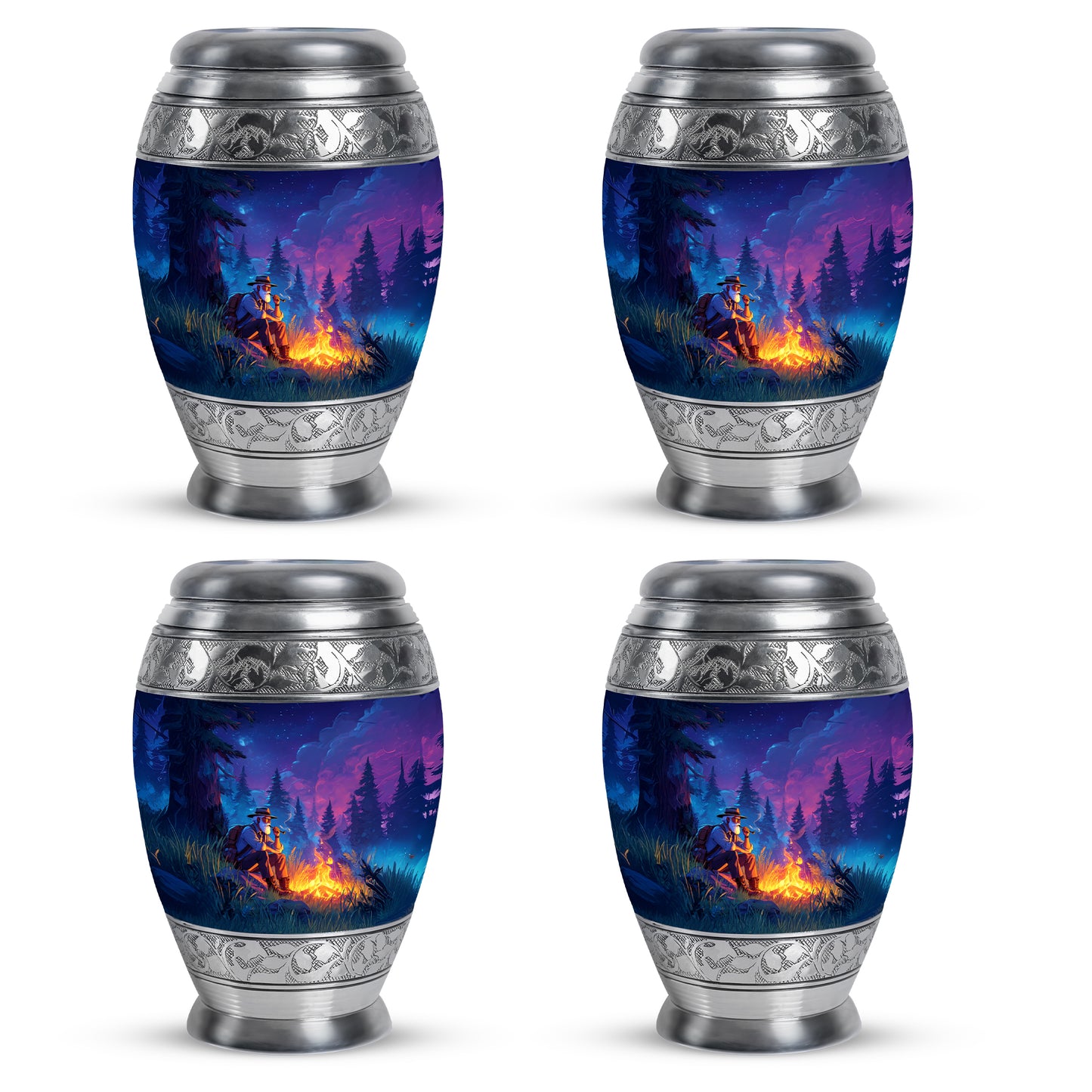 Sapphire Blue Campfire Cremation Urn urn with complimentary velvet bag - majestic campfire pattern with filigree border - 10 inch aluminum urn for cremated remains