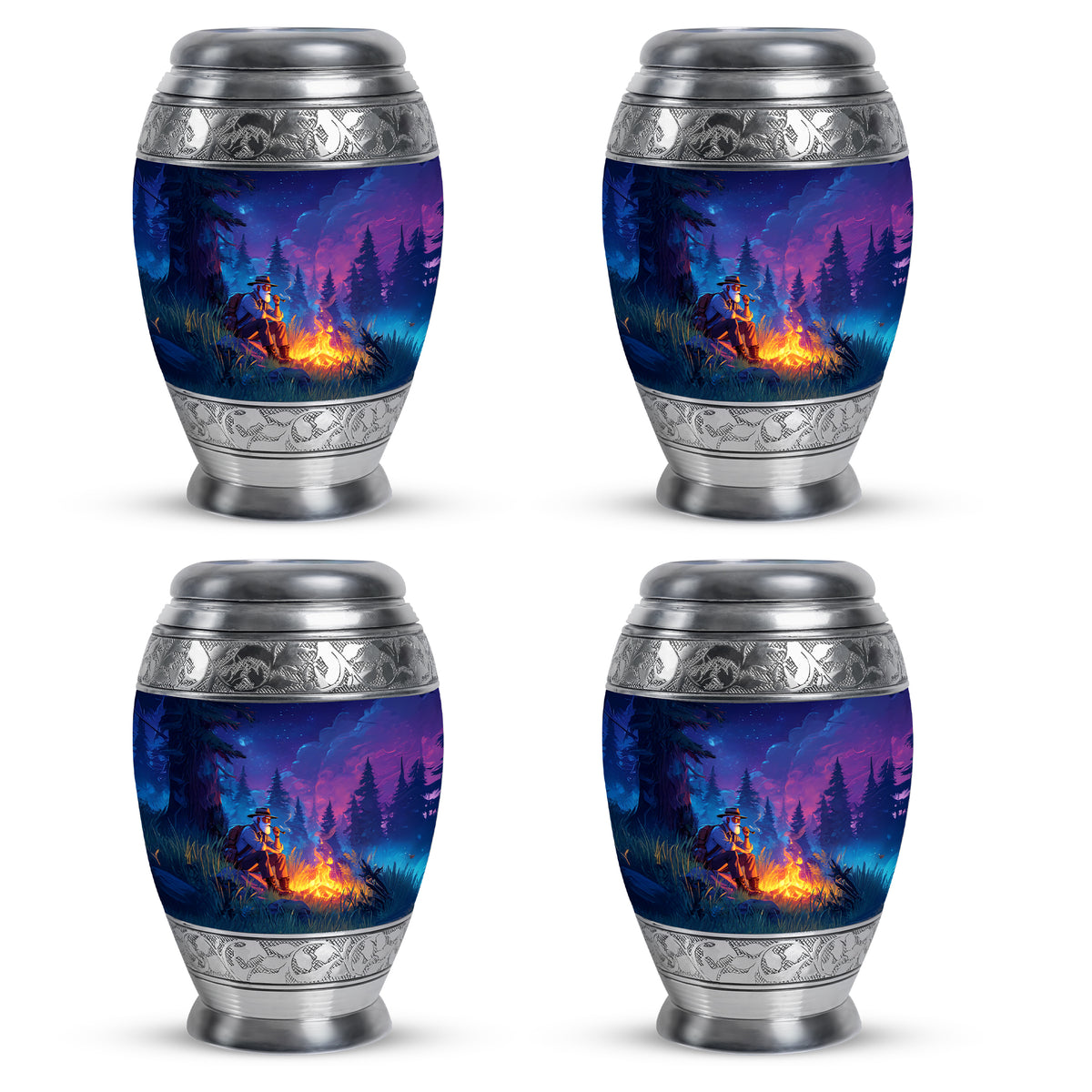 Sapphire Blue Campfire Cremation Urn urn with complimentary velvet bag - majestic campfire pattern with filigree border - 10 inch aluminum urn for cremated remains