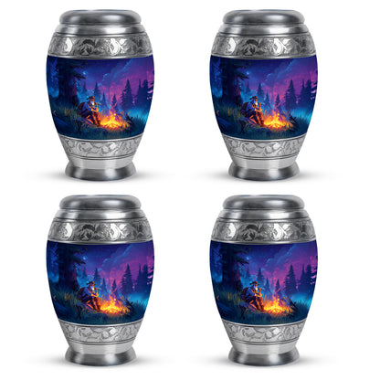 Sapphire Blue Campfire Cremation Urn urn with complimentary velvet bag - majestic campfire pattern with filigree border - 10 inch aluminum urn for cremated remains