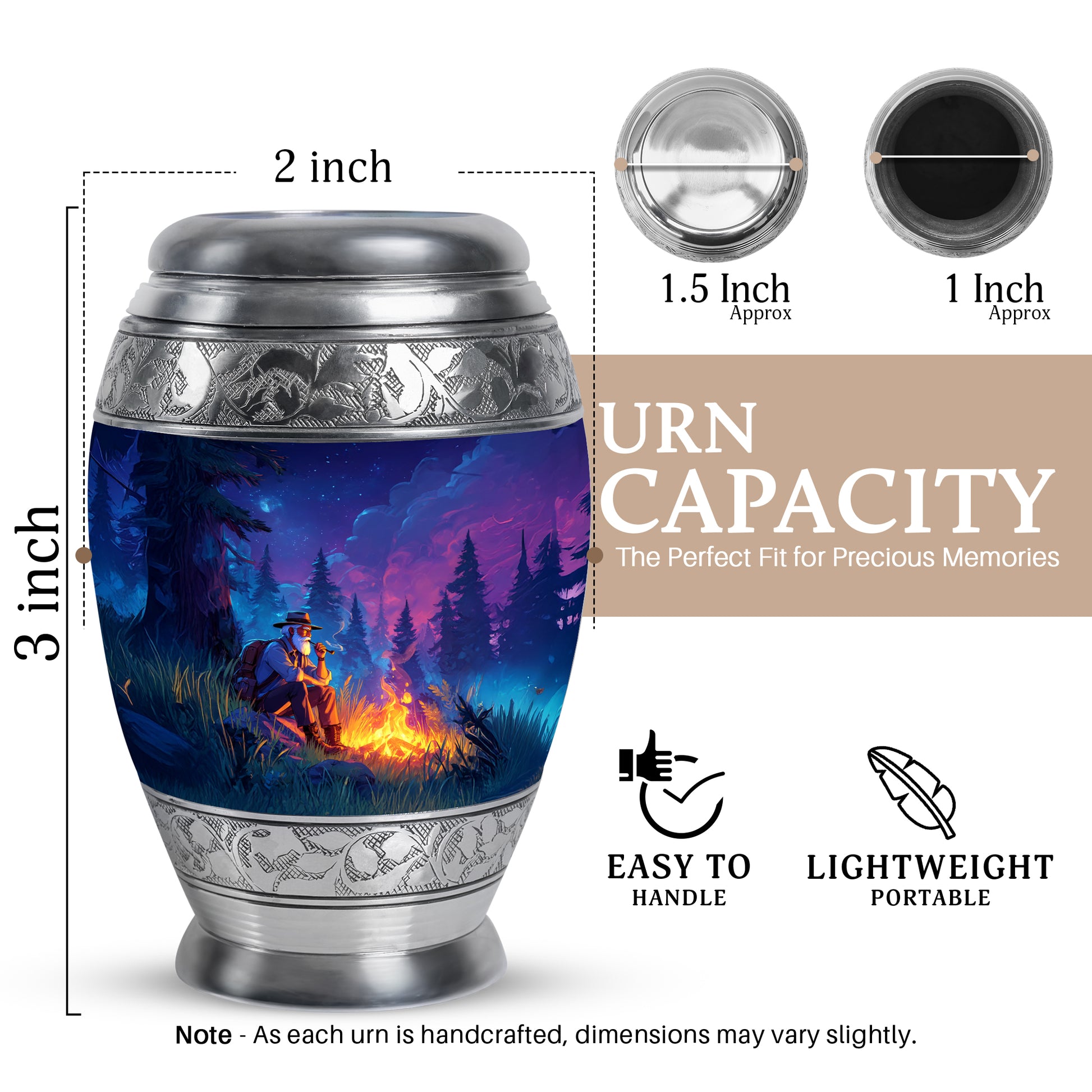 Calming Blue Campfire Cremation Urn lifestyle display on memorial shelf - majestic campfire pattern with filigree border - mini keepsake memorial for portion of cremation ashes