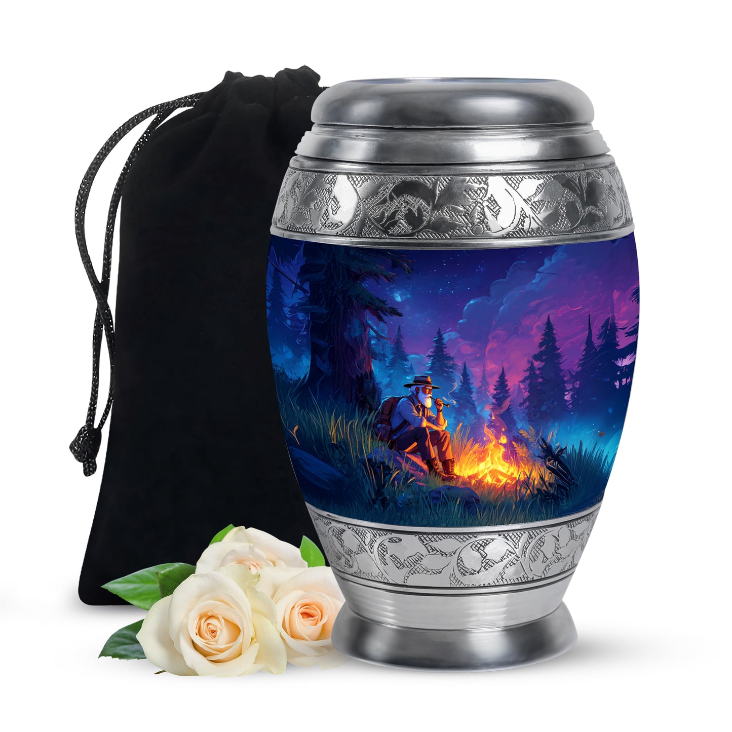 Powder Blue Campfire Cremation Urn back view with polished surface - regal campfire design with crown-inspired accents - full-size 10 inch 200 cubic inch adult cremation urn