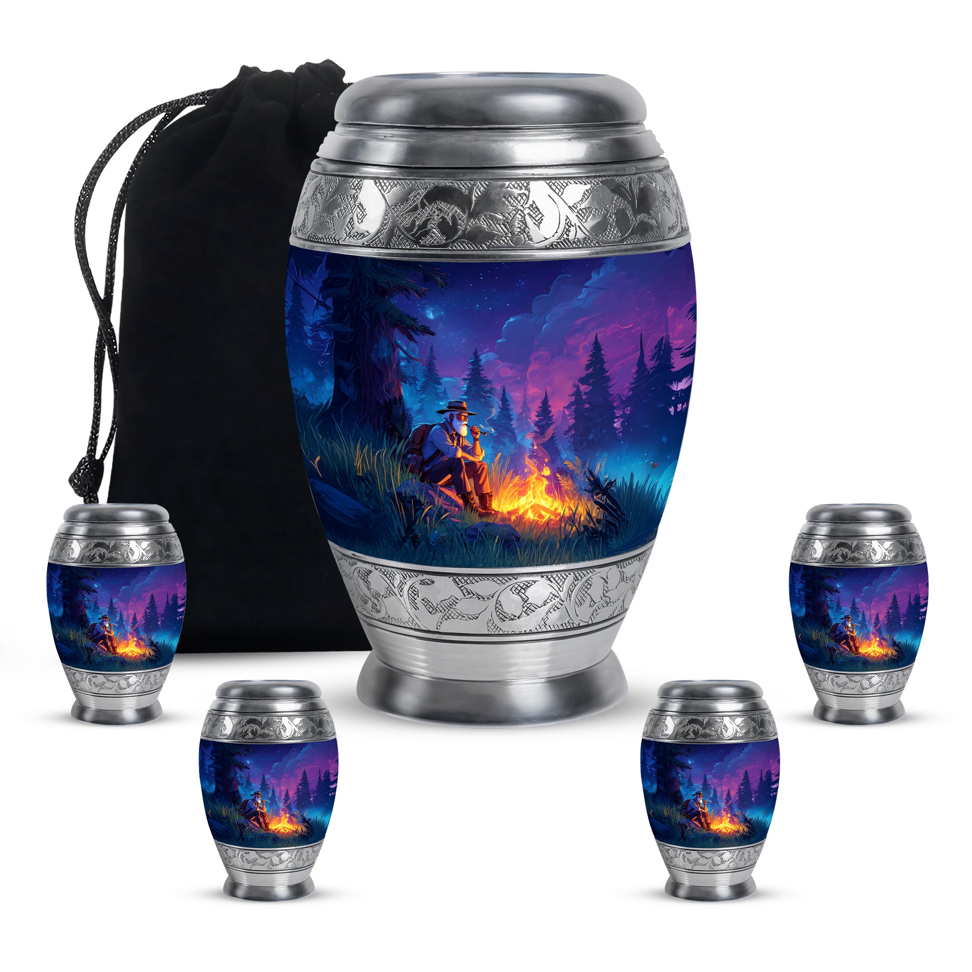 Twilight Blue Campfire Cremation Urn detail view - royal campfire engraving with decorative scrollwork - memorial set with one large and four small urns