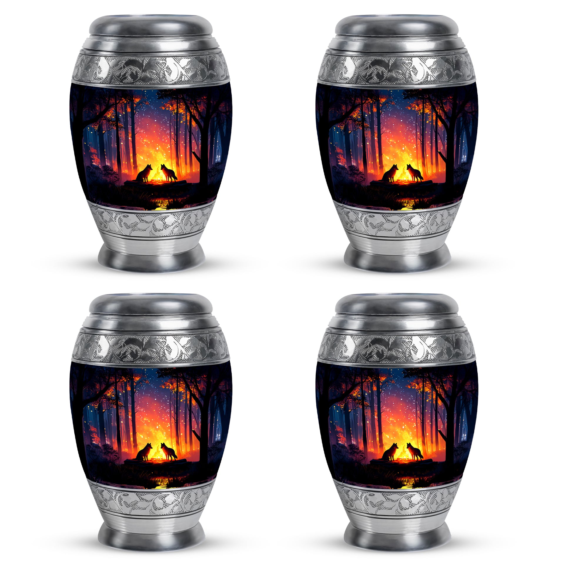 Twilight Blue Campfire Cremation Urn urn with complimentary velvet bag - majestic campfire pattern with filigree border - 10 inch aluminum urn for cremated remains