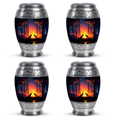 Twilight Blue Campfire Cremation Urn urn with complimentary velvet bag - majestic campfire pattern with filigree border - 10 inch aluminum urn for cremated remains