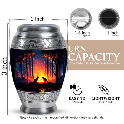 Dusty Blue Campfire Cremation Urn lifestyle display on memorial shelf - ornate monarch-style campfire relief on brushed aluminum - mini keepsake memorial for portion of cremation ashes
