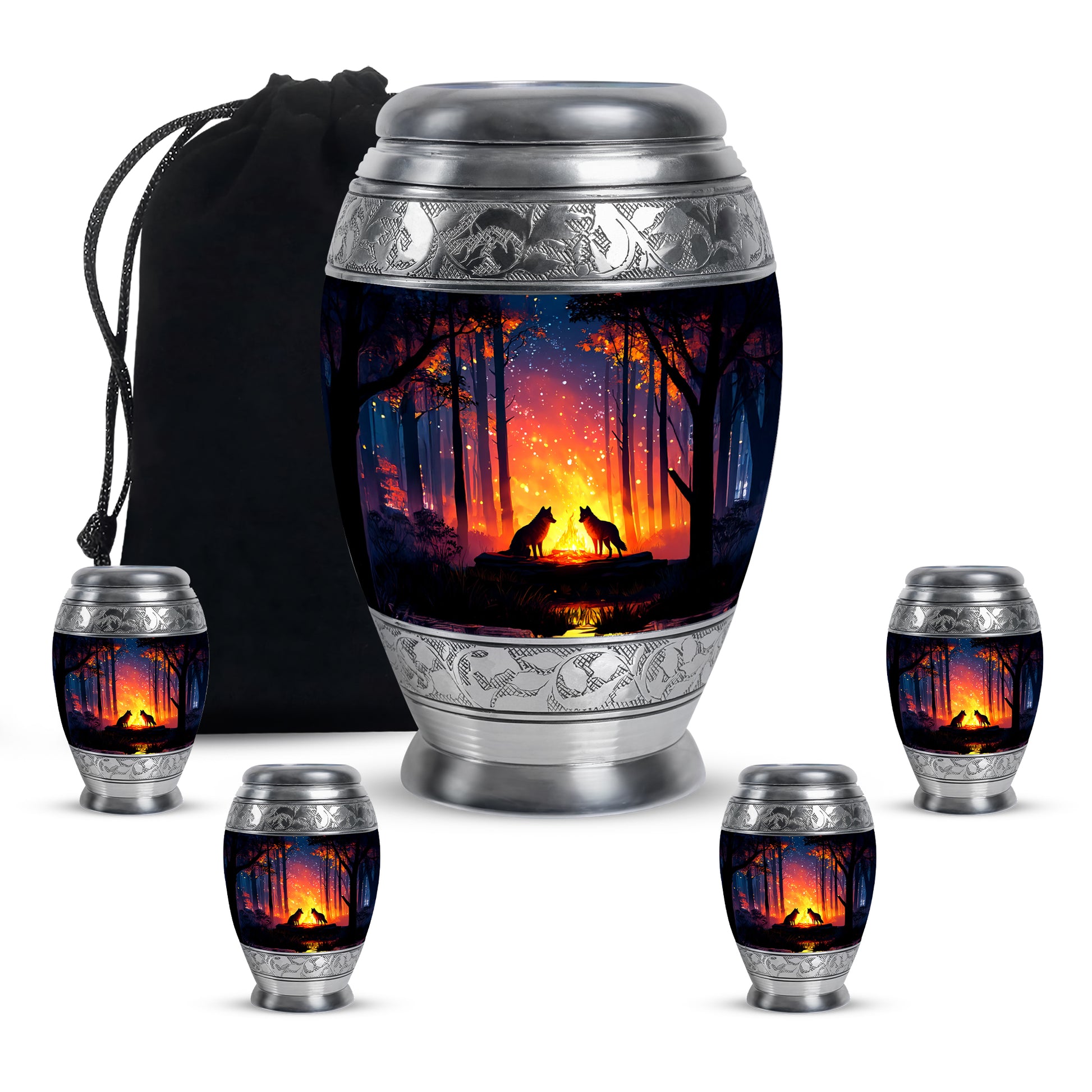 Icy Blue Campfire Cremation Urn detail view - regal campfire design with crown-inspired accents - memorial set with one large and four small urns