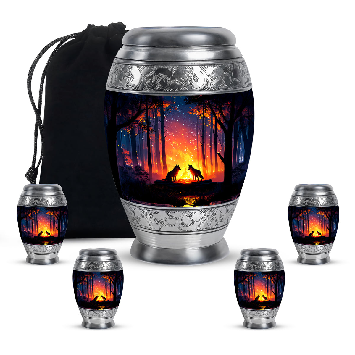 Icy Blue Campfire Cremation Urn detail view - regal campfire design with crown-inspired accents - memorial set with one large and four small urns