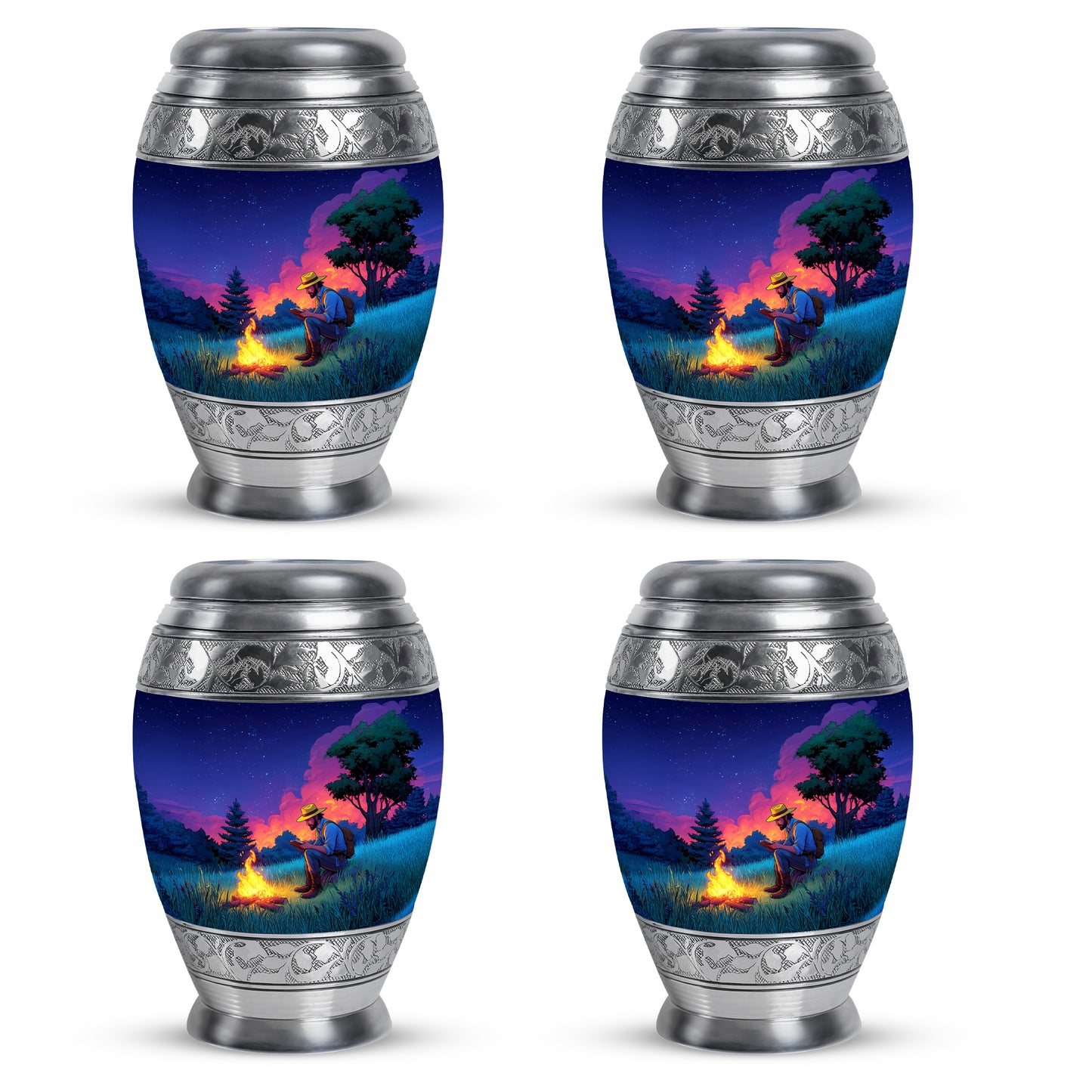 Calming Blue Campfire Cremation Urn urn with complimentary velvet bag - royal campfire engraving with decorative scrollwork - 10 inch aluminum urn for cremated remains