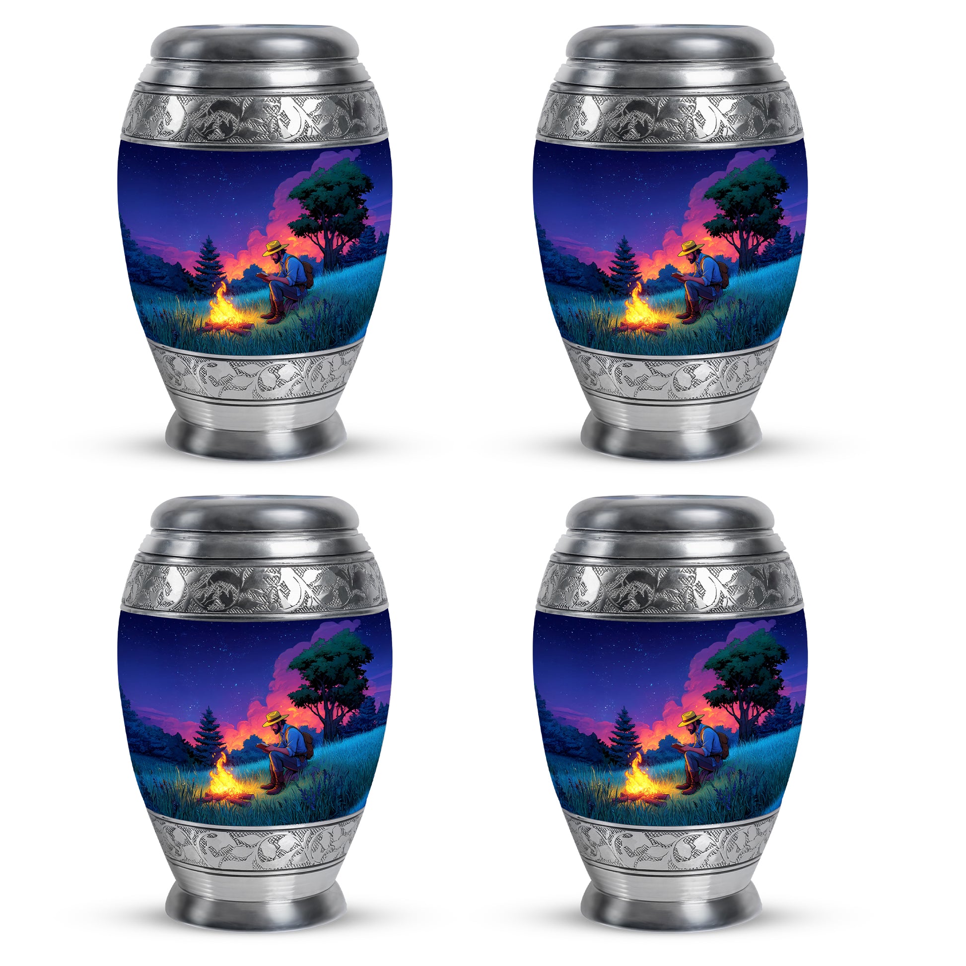 Calming Blue Campfire Cremation Urn urn with complimentary velvet bag - royal campfire engraving with decorative scrollwork - 10 inch aluminum urn for cremated remains