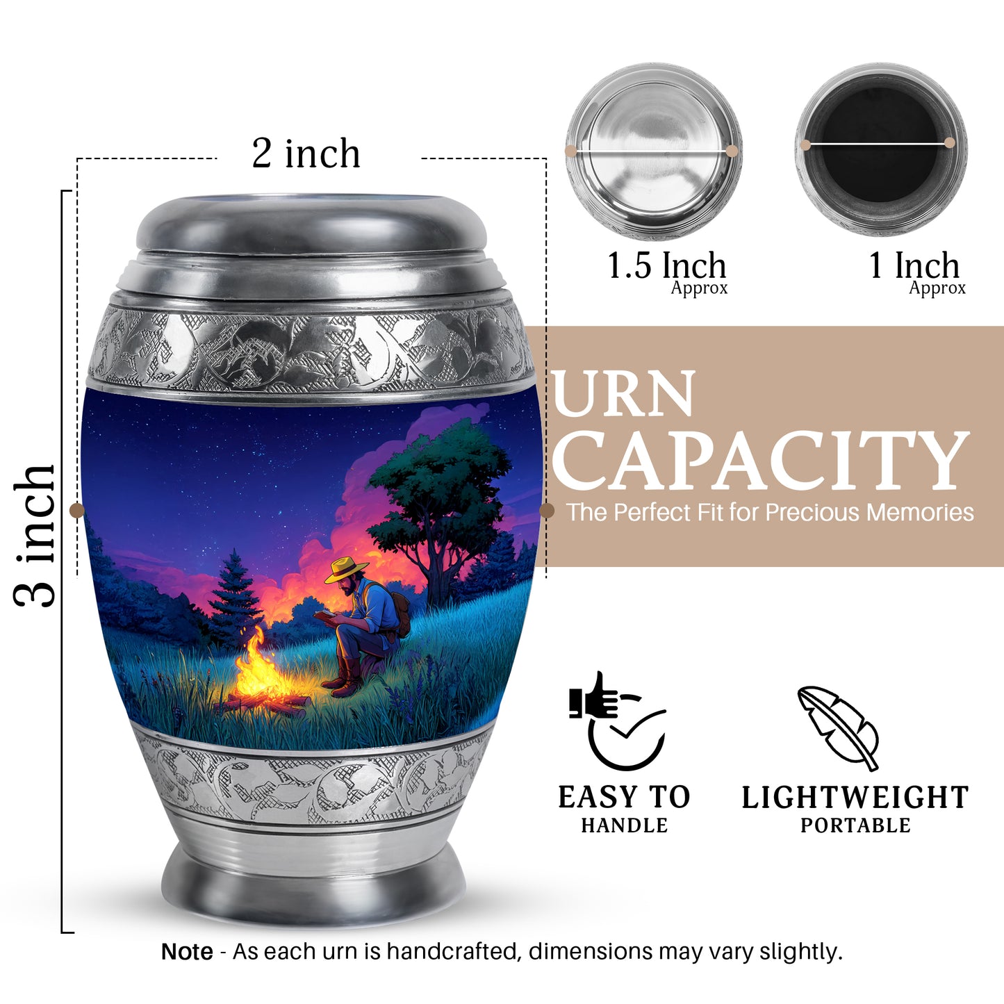Slate Blue Campfire Cremation Urn lifestyle display on memorial shelf - regal campfire design with crown-inspired accents - mini keepsake memorial for portion of cremation ashes